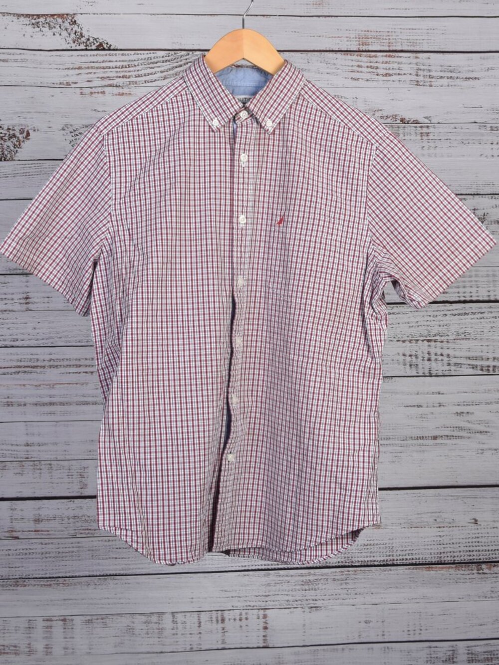 Nautica Men's Classic Fit Red Blue Plaid Nautical Americana Dress Shirt Size M